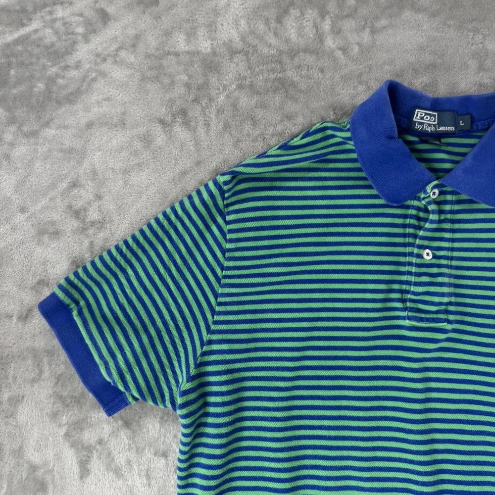 VTG Polo Ralph Lauren Polo Shirt Mens Large Blue Green Stripe Pique Casual Logo